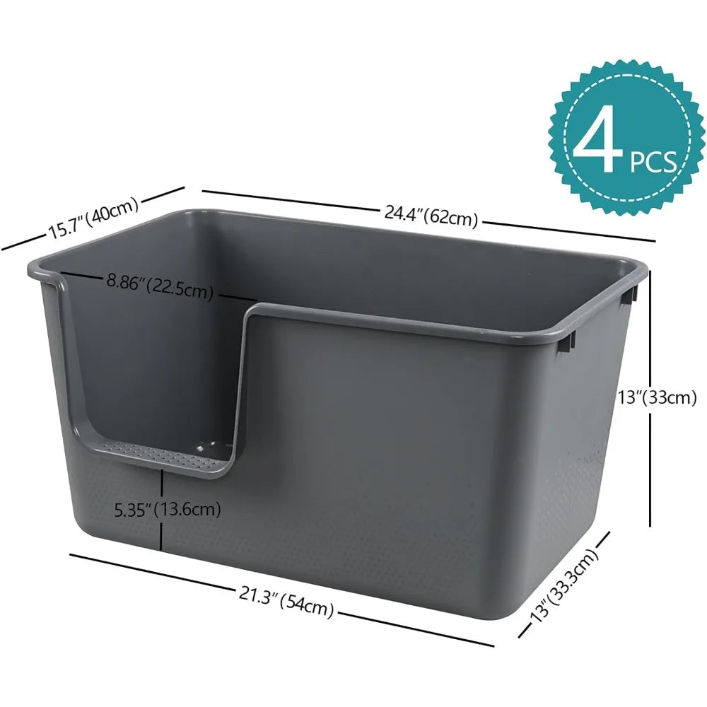 Large Anti-Splash Litter Box with High Sides for Cats, Open Top Design, Spacious Grey Pet Litter Tray with Large Capacity