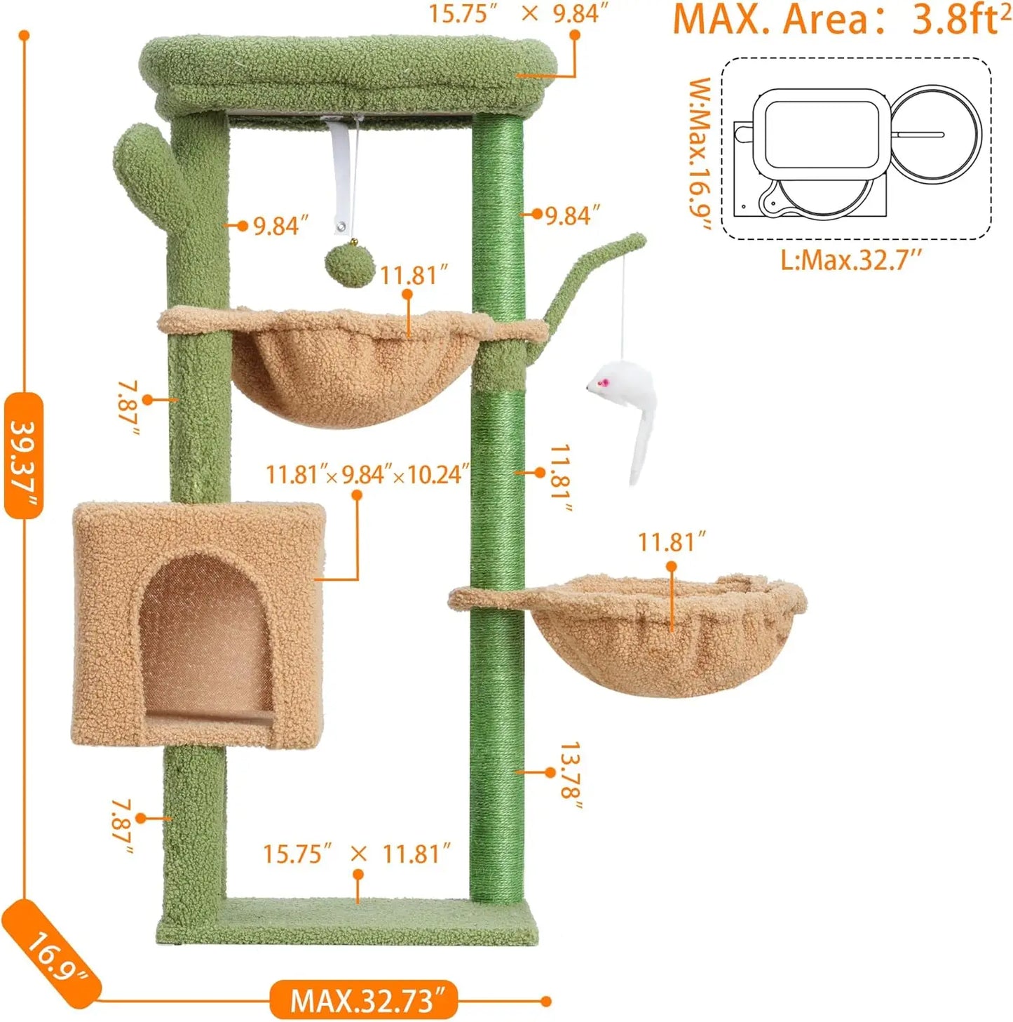 Cat Tree 39.4' Cactus Tower with Scratching Post, Sisal Pole, Soft Platform, 2 Baskets, Dangling Toy, Green/Yellow
