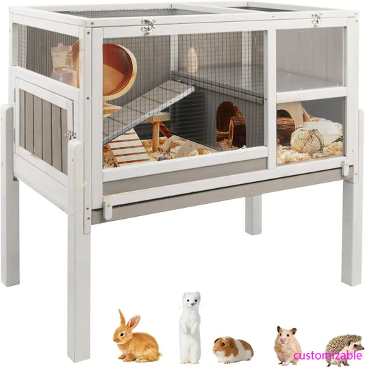 Guinea Pig Cages Indoor, Wooden Guinea Pig Cages with Stand, Rabbit Cage Hutch with Ramp and Hideout, Small Animals Cage Habitat