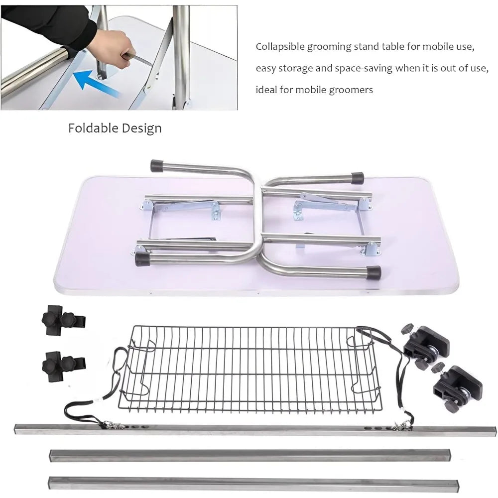 Adjustable Pet Grooming Table Heavy Duty with Arm Noose & Mesh Tray for Dog Cat Shower Table Maximum Capacity
