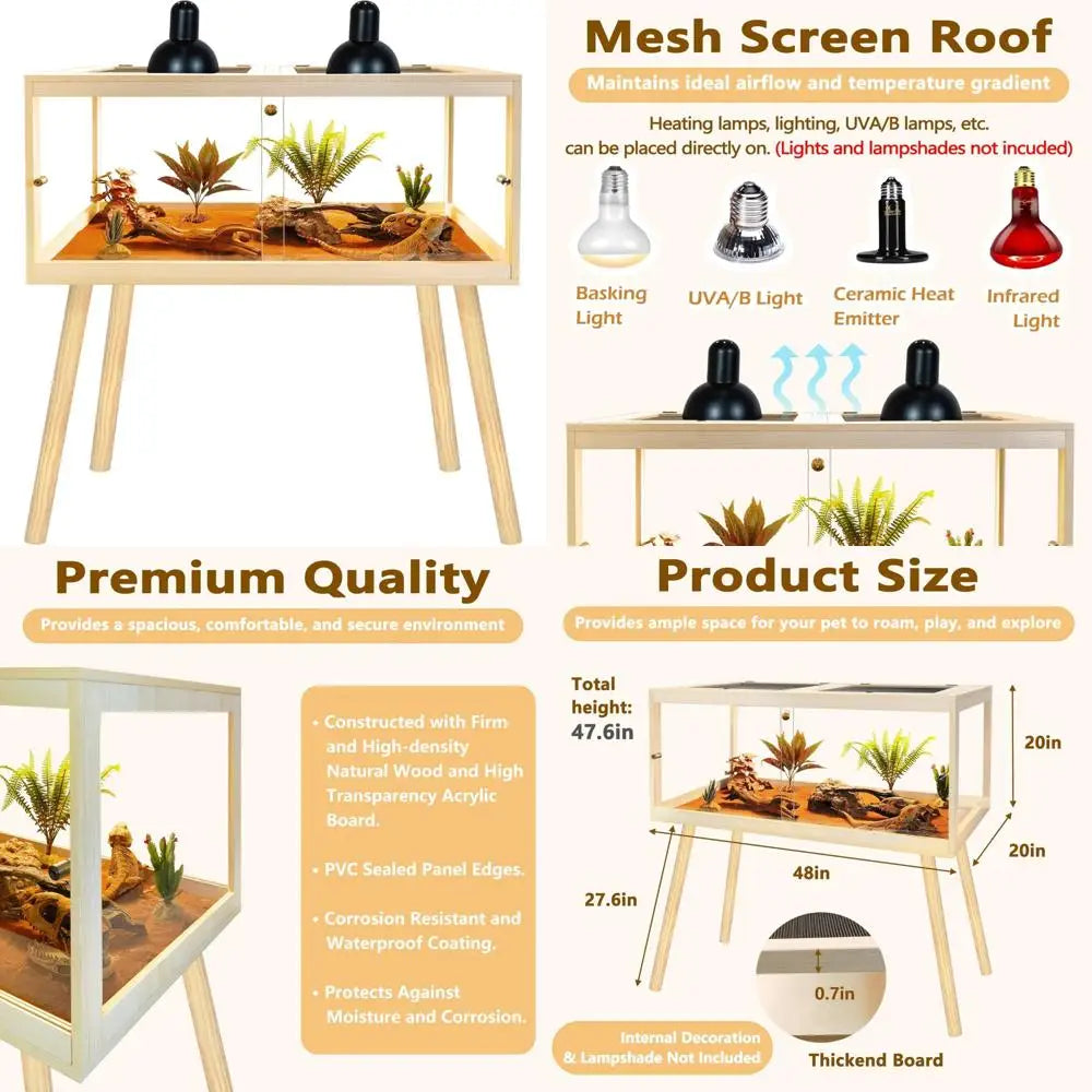 Large Bearded Dragon Enclosure with Legs, Tortoise Habitat featuring Metal Mesh Lid, Secure Lockable Reptile Cage, Snake Tank