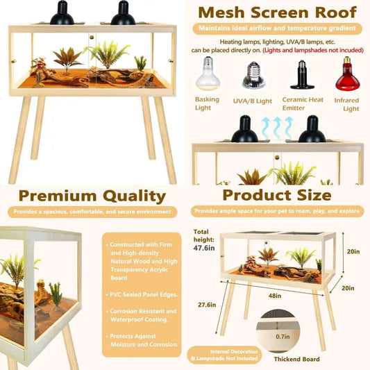 Large Bearded Dragon Enclosure with Legs, Tortoise Habitat featuring Metal Mesh Lid, Secure Lockable Reptile Cage, Snake Tank