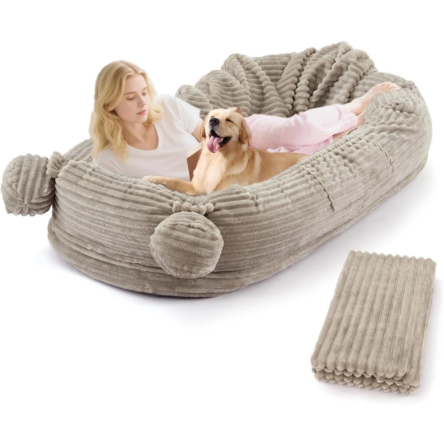 71" Large Human Size Dog Bed For Adults & Pets Removable Washable Cover Storage Pockets & Matching Blanket For Napping
