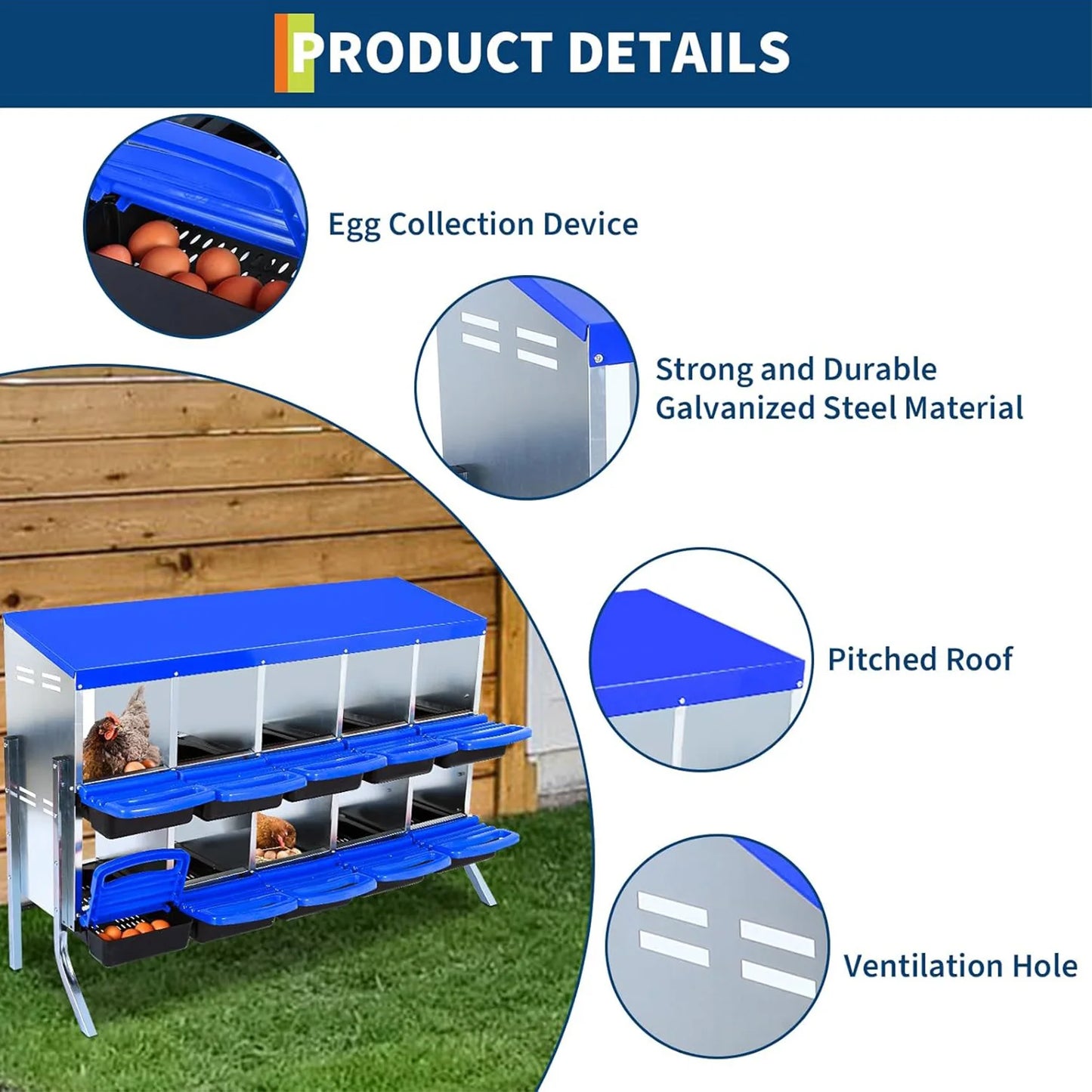 2-Tier Heavy Duty Metal Chicken Nesting Box 6/8/10 Compartment Roll Away Waterproof Roof Rust-Resistant Hen Coop Nest