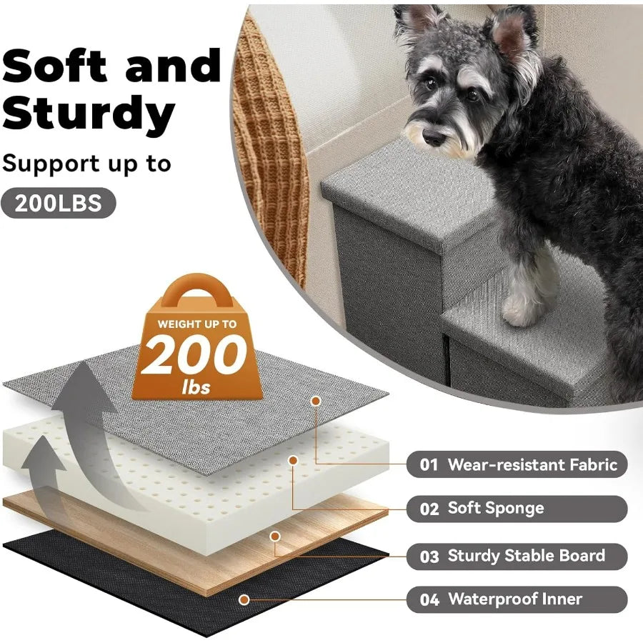 Wider Dog Stairs with Storage 18 H 3Step Sturdy Dog Steps for Large Medium Small Older Dogs Cats Folding Pet Stairs Climbing Be