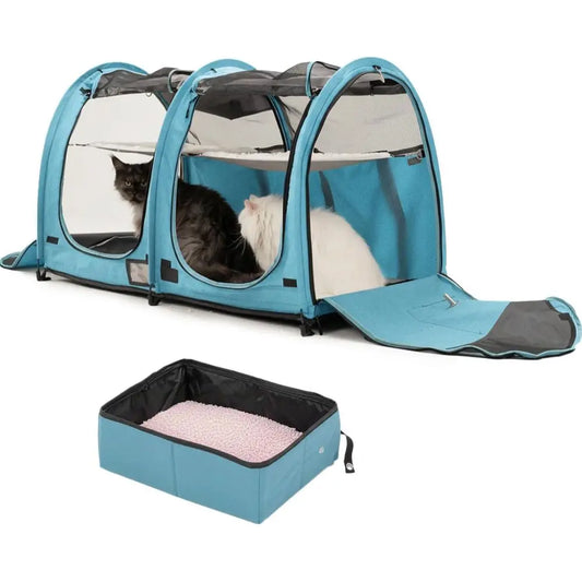 Portable Twin Compartment Show House Cat Cage Condo-Easy to Fold Carry Kennel-Comfy Puppy Home Dog Travel Crate with Portable