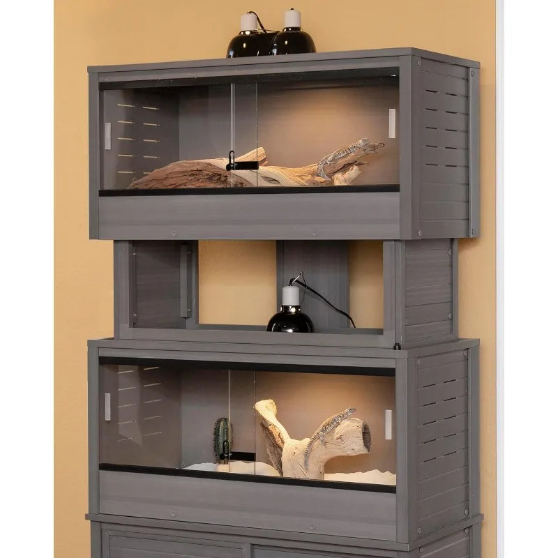 ECOFLEX Two Medium Reptile Enclosures with Matching Stacker and Cabinet Stand Set in Grey