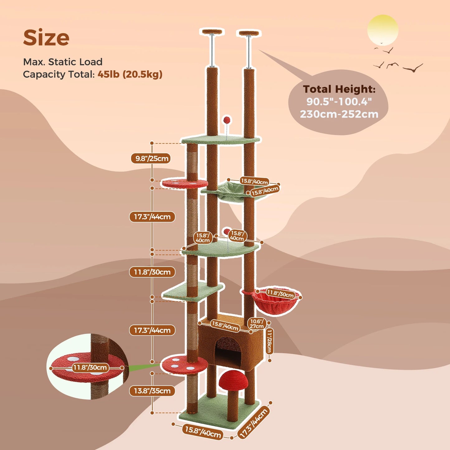 Height Adjustable Wooden Cat Tree with Large Hammock Sisal Scratching Posts Floor to Ceiling Cat Tower Cozy Cat Condo for Indoor