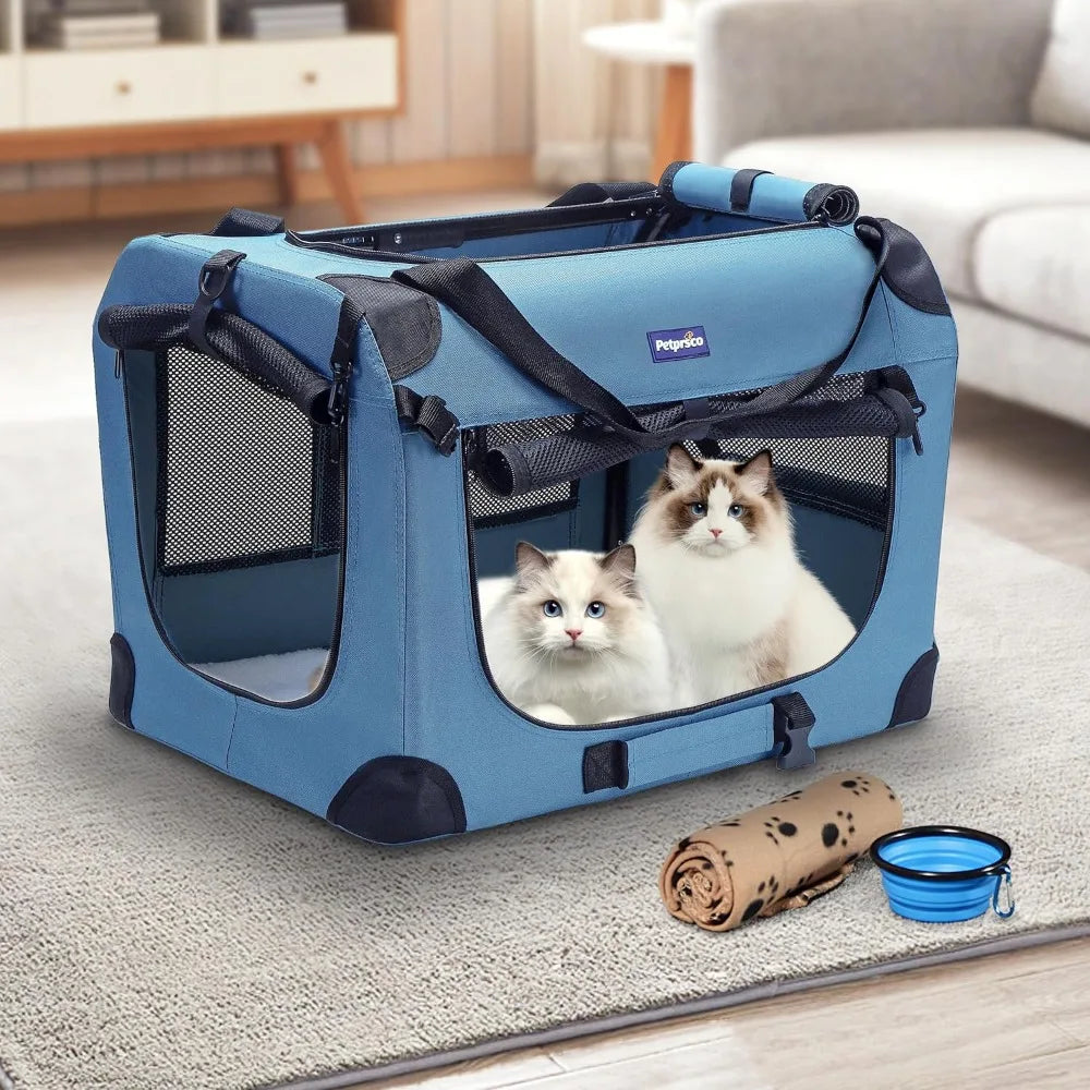 Portable Collapsible Dog Crate, Travel Dog Crate 24x17x17 with Soft Warm Blanket and Foldable Bowl for Large Cats & Small Dogs