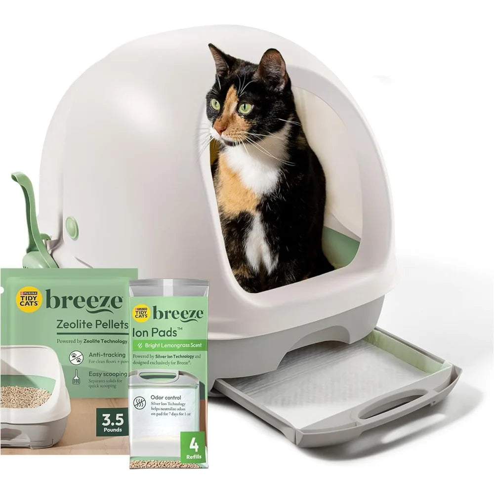 Tidy Cats Hooded Litter Box System, BREEZE Hooded System Starter Kit Litter Box, Litter Pellets & Pads
