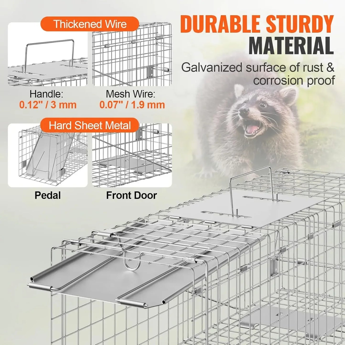 Live Animal Cage Trap,24" x 8" x 8" Humane Cat Trap Galvanized Iron,Folding Animal Trap with Handle for Small Rabbits Groundhogs