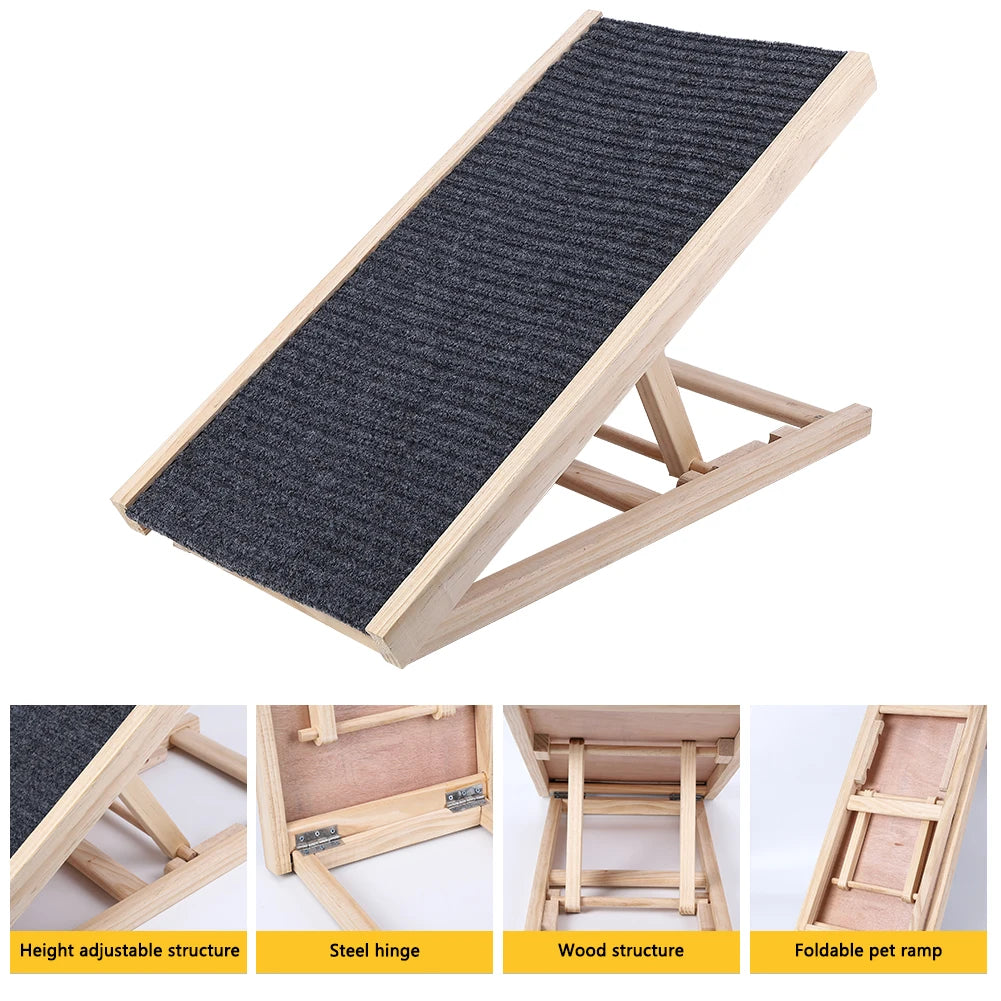 Pet Dog Ramp Ladder Natural Pine Wooden Lightweight Folding Anti-skid Adjustable 2 Height Climbing Ladder