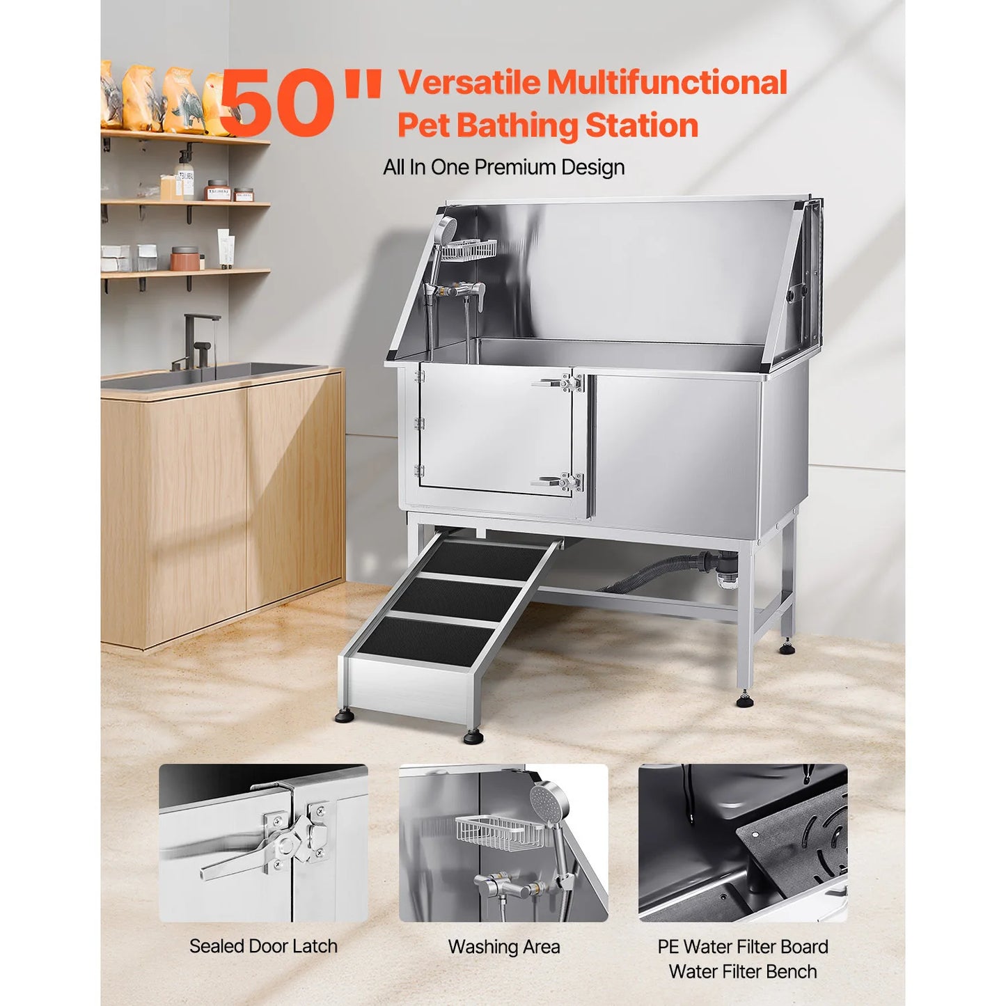 SucceBuy Stainless Steel Dog Washing Station 50inch w/ Ramp PE Water Filter Board Showerhead Soap Holder for Large Medium Small