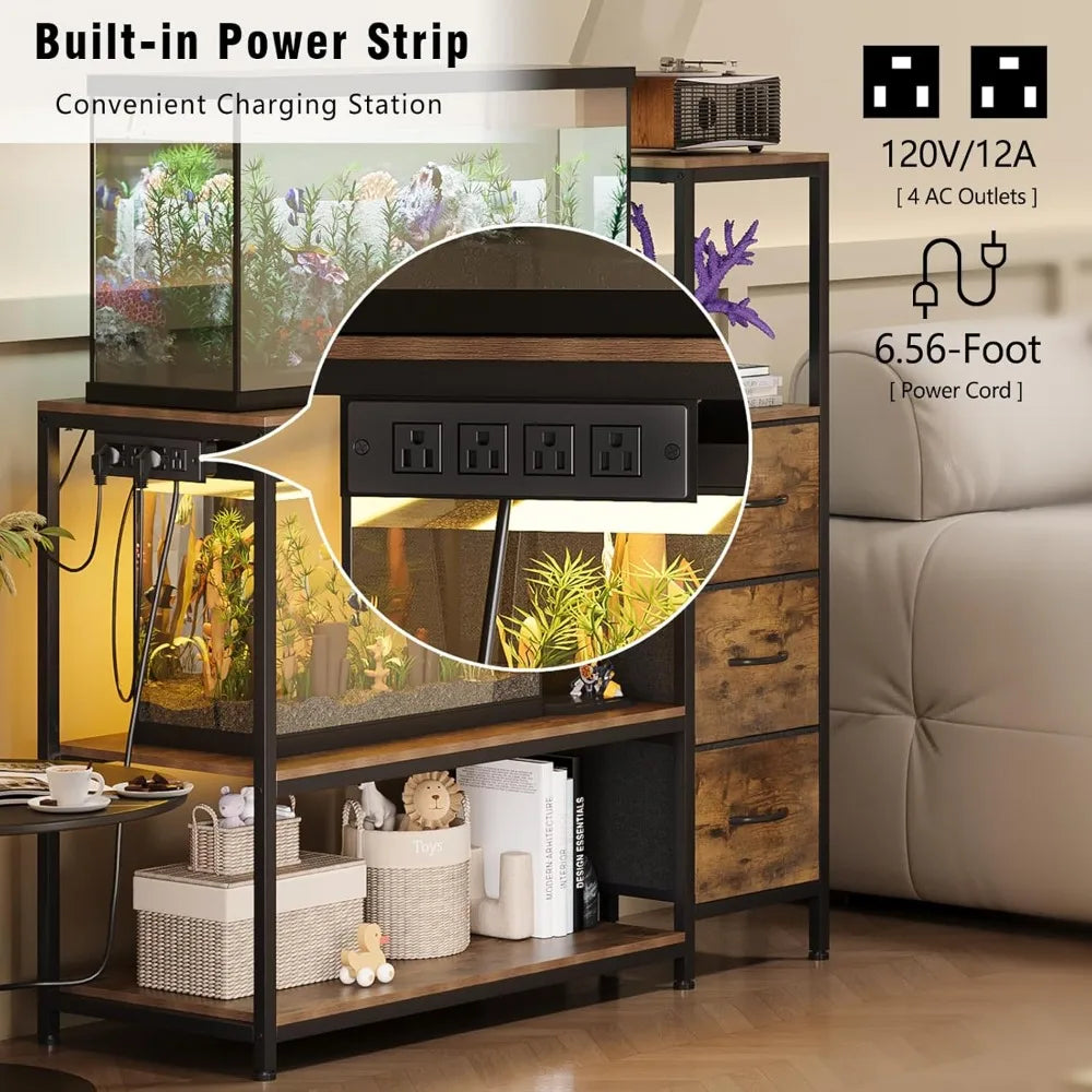 20 Gallon Aquarium Stand with Power Outlets, Fish Tank Stand with 3 Drawers, Metal Frame, Heavy Duty, Reptile Tank Stand with 3-