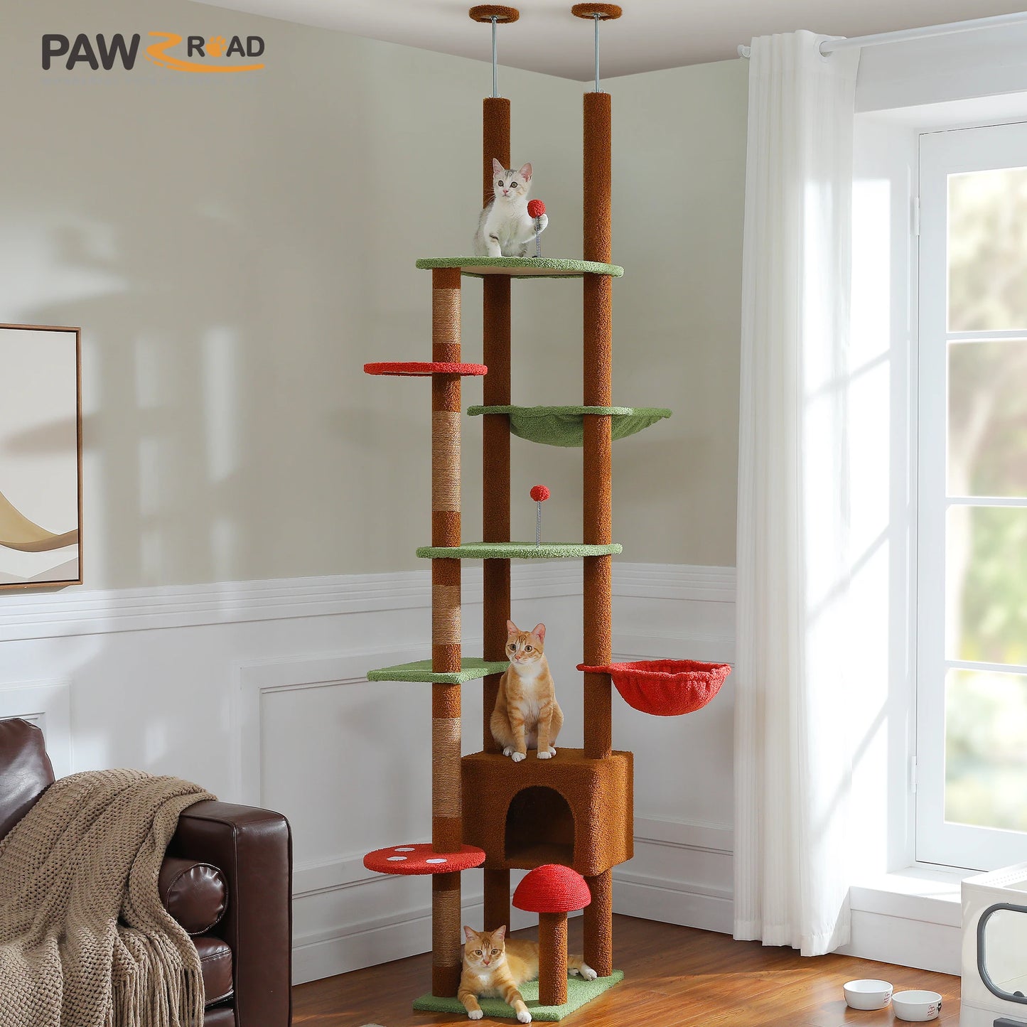 Height Adjustable Wooden Cat Tree with Large Hammock Sisal Scratching Posts Floor to Ceiling Cat Tower Cozy Cat Condo for Indoor