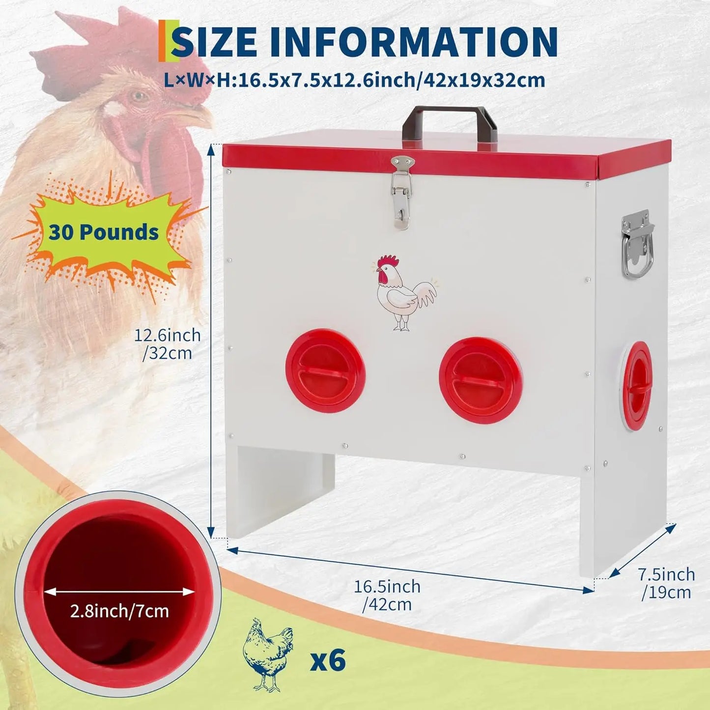 30lbs Automatic Chicken Feeder, Metal Poultry Feeder with 6-10 Port, Gravity Feed for Ducks & Poultry,Outdoor Farm & Backyard