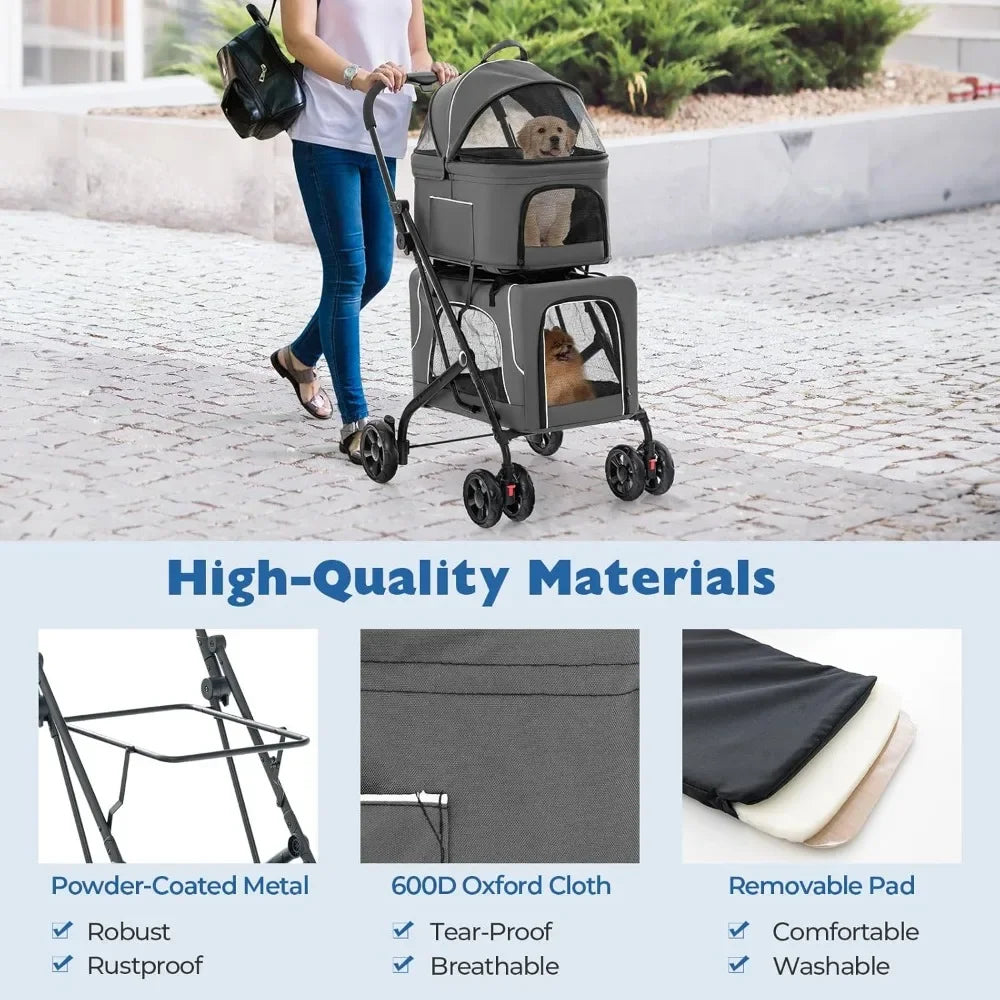 Double Dog Stroller, Removable Carrycot, Safety Belt, 4 Lockable Wheels, Pet Travel Carrycot Stroller, Foldable Cat Stroller