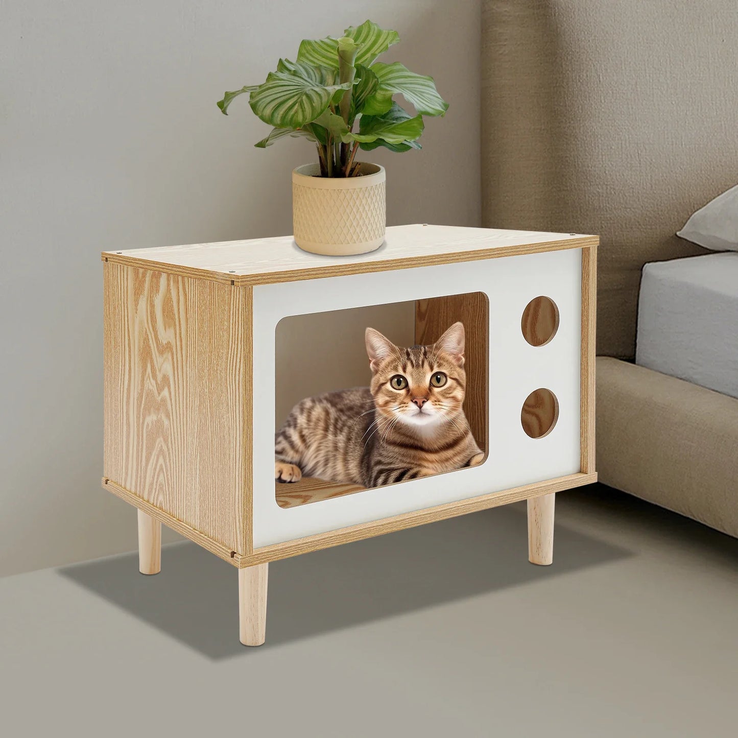 TV Stand Cat House and Mid Century Modern Cat Bed Indoor - Solid Wood Pet Furniture with Scratching Posts for Multiple Cats