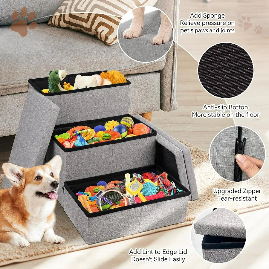 Wider Dog Stairs with Storage 18 H 3Step Sturdy Dog Steps for Large Medium Small Older Dogs Cats Folding Pet Stairs Climbing Be
