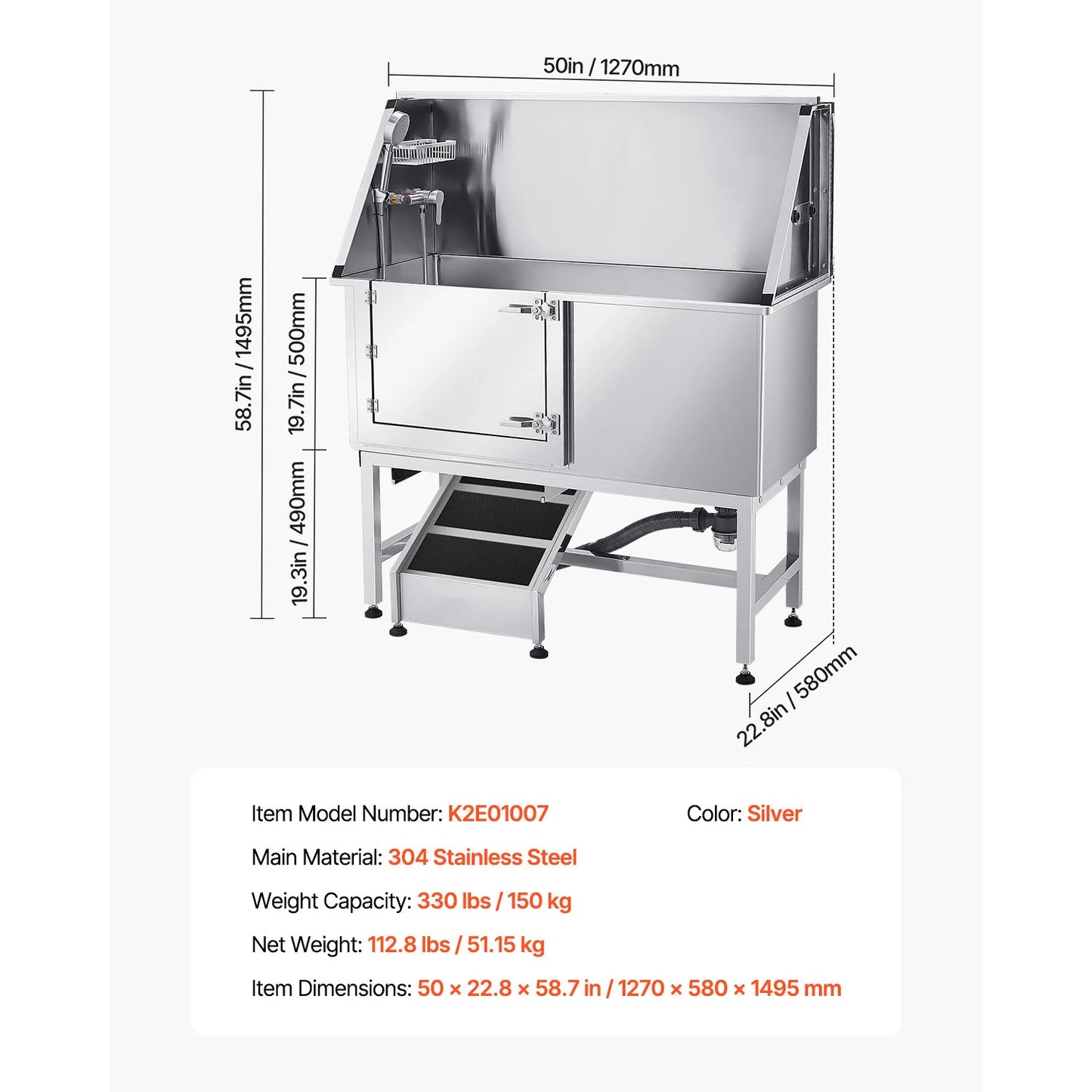 SucceBuy Stainless Steel Dog Washing Station 50inch w/ Ramp PE Water Filter Board Showerhead Soap Holder for Large Medium Small