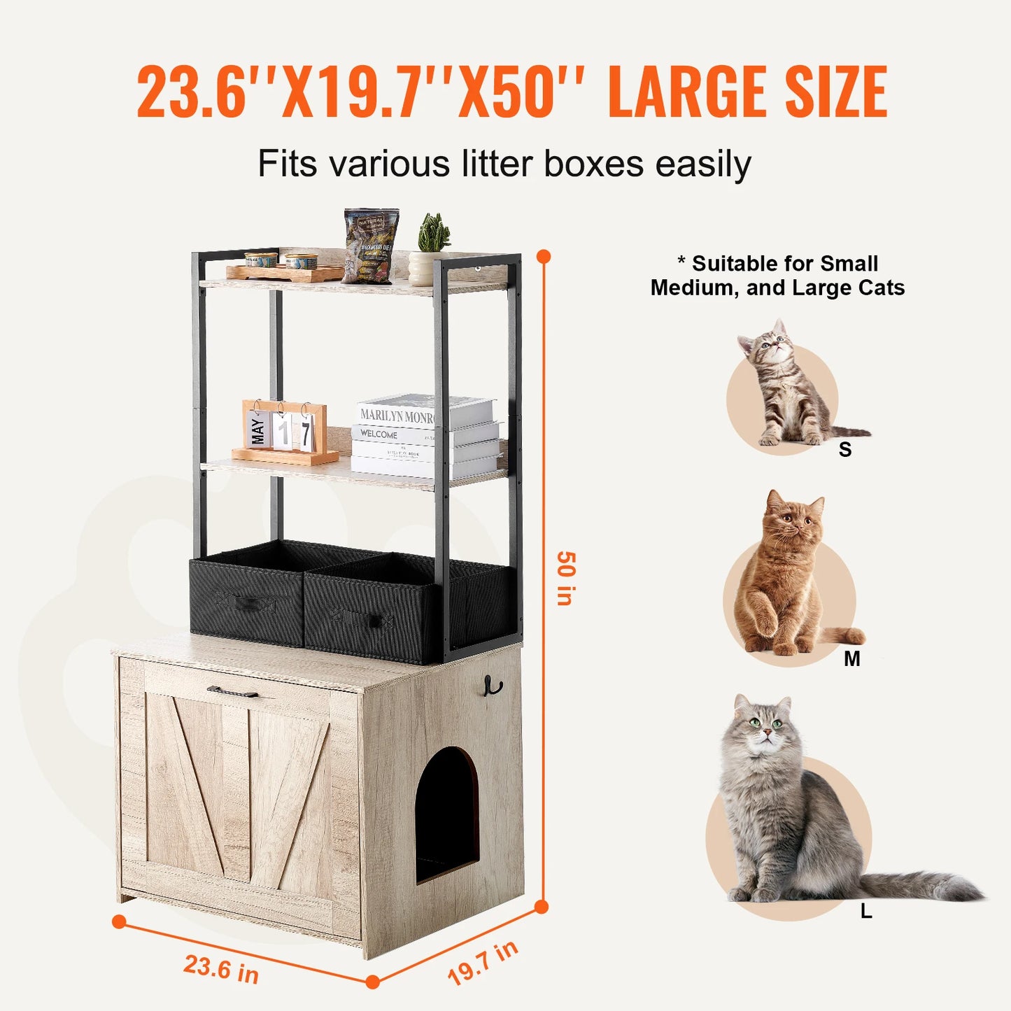 SucceBuy Cat Litter Box Enclosure Hidden Litter Box Furniture with 2 Storage Shelves& 2 Baskets Wooden Cat Washroom Indoor House
