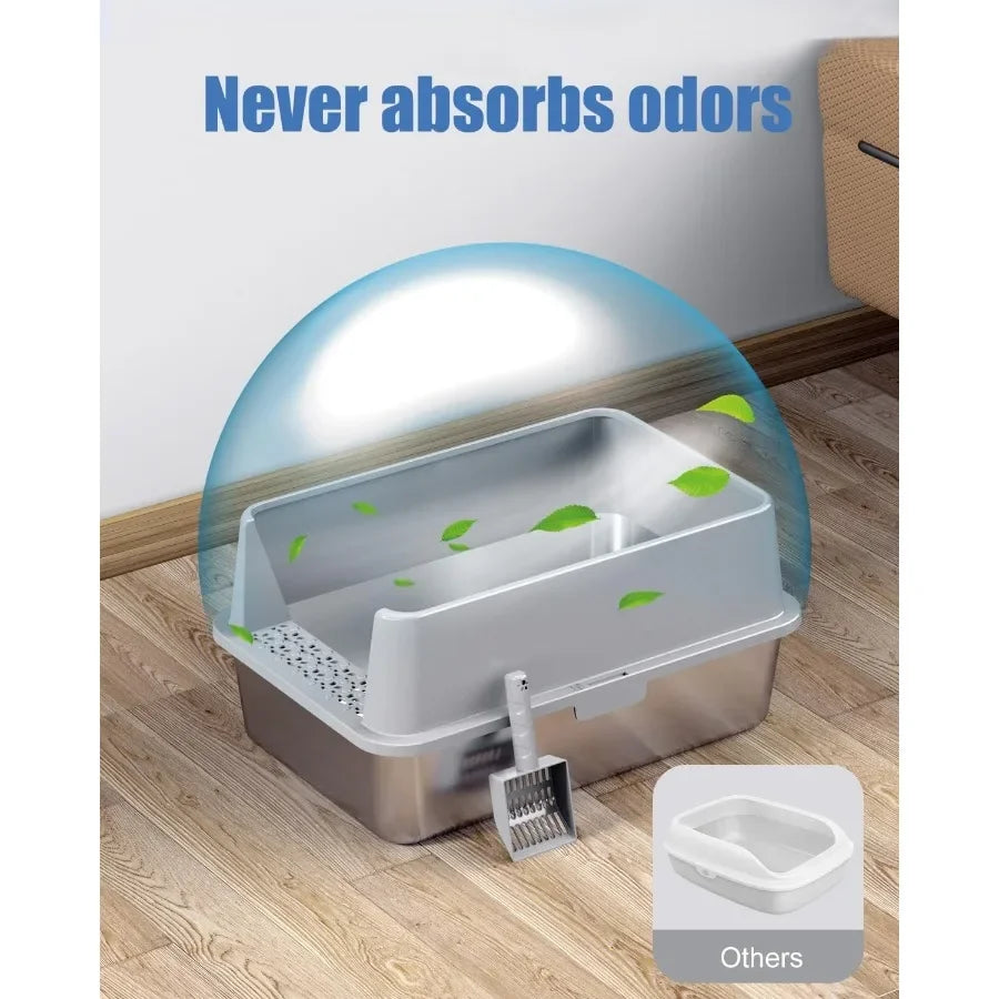 2PACK Stainless Steel Litter Box with Lid and High Sides for Large Cats XL Extra Large Size OdorProof LeakProof StainFree RustF