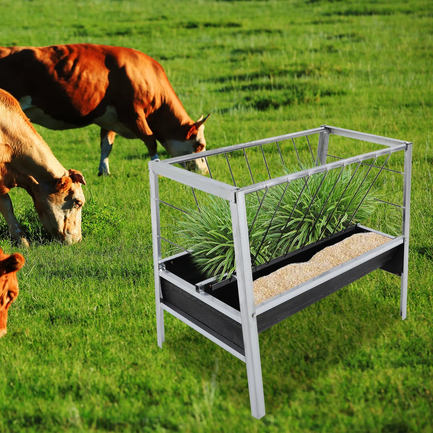 Livestock Feed Iron Trough,Silver+ Black Rectangular 2-in-1 Grain& Hay Feeder ,Floor Standing 100*65*85cm for Goats Sheep