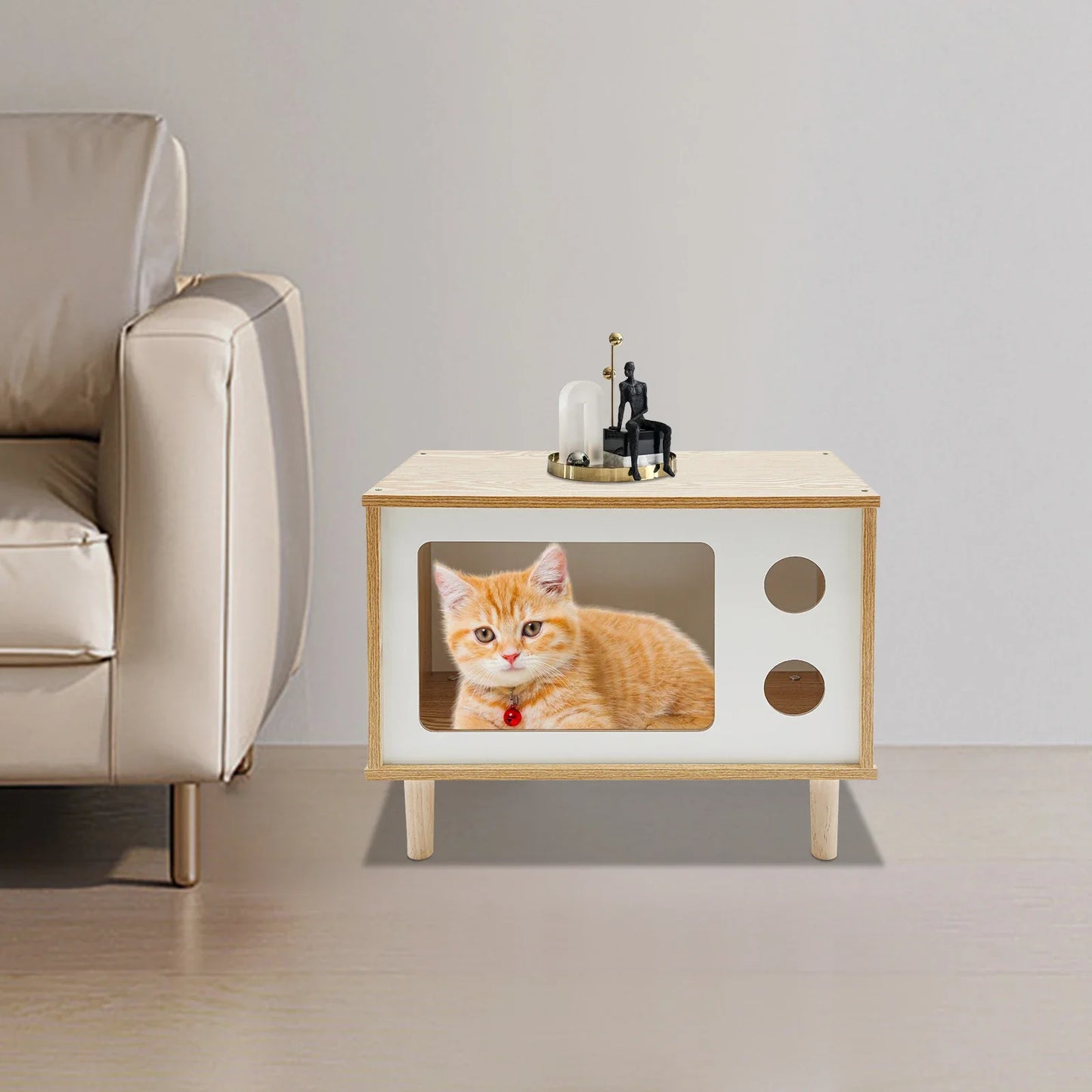 TV Stand Cat House and Mid Century Modern Cat Bed Indoor - Solid Wood Pet Furniture with Scratching Posts for Multiple Cats