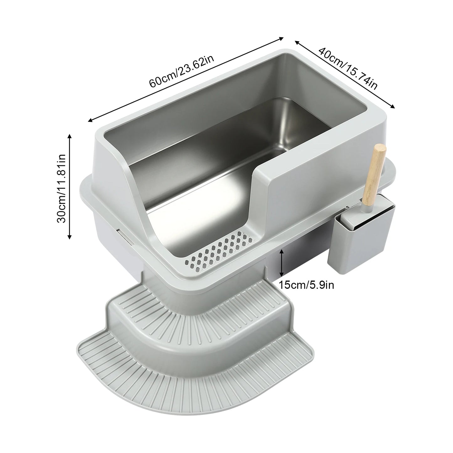 Light Grey Cat Litter Box—Stainless Steel/ABS 18.16Qt Capacity+High Sides 2-Step Stair+Litter Leak Pedal Fits Cats Up To22.05lbs