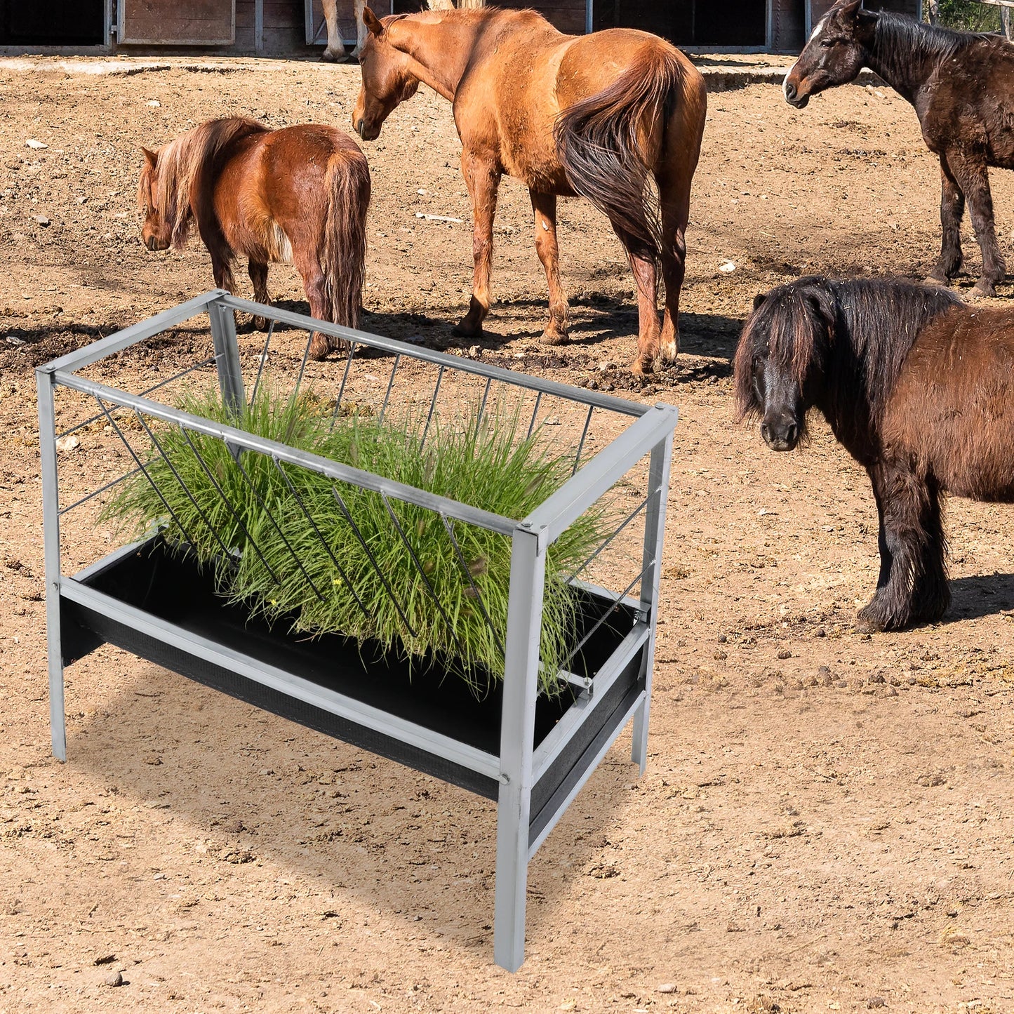 Livestock Feed Iron Trough,Silver+ Black Rectangular 2-in-1 Grain& Hay Feeder ,Floor Standing 100*65*85cm for Goats Sheep