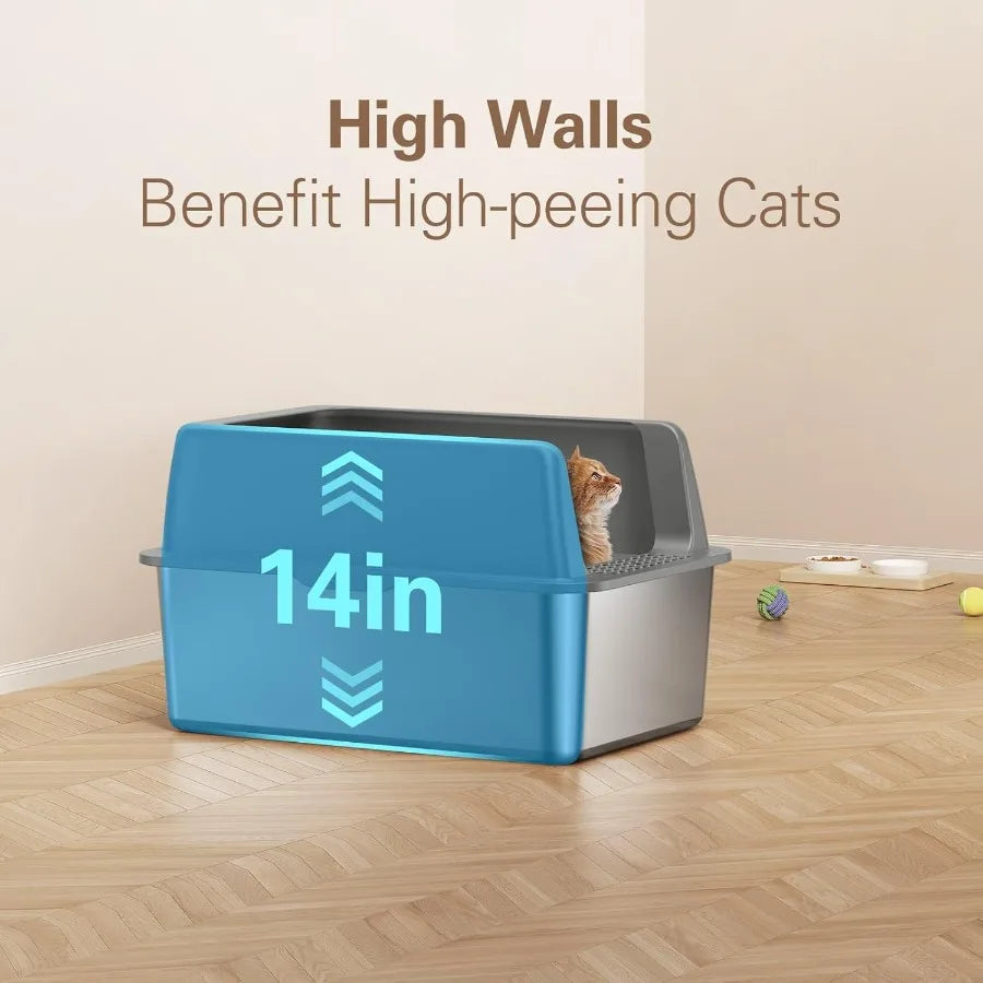 Extra Large Stainless Steel Litter Box with Lid 8Inch Deep Design for Big Cats HighSided Metal Cat Litter Tray with NonSticky S