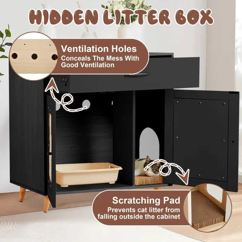 EROMMY Hidden Cat Litter Box Cabinet - Furniture with Ventilated Drawer, Slotted Odor-Control, Multi-Functional Storage Black