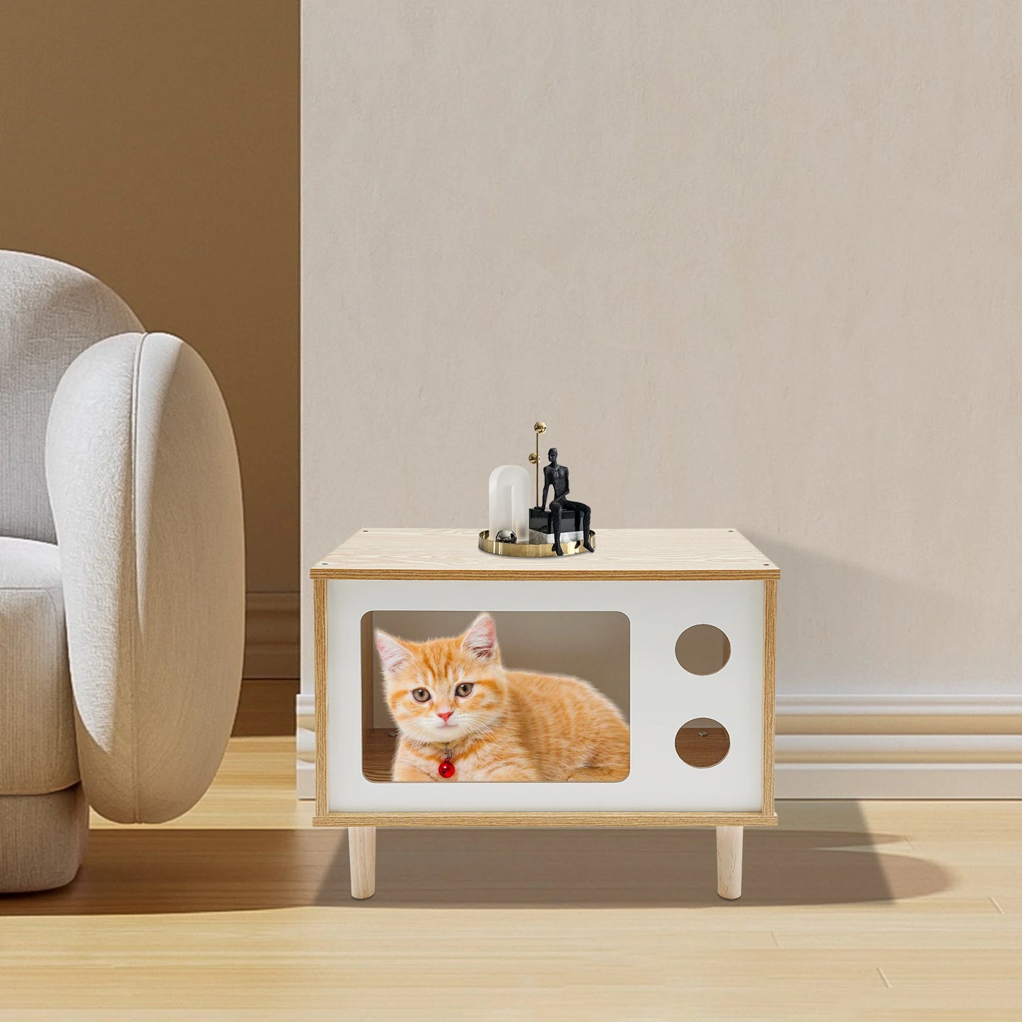 TV Stand Cat House and Mid Century Modern Cat Bed Indoor - Solid Wood Pet Furniture with Scratching Posts for Multiple Cats
