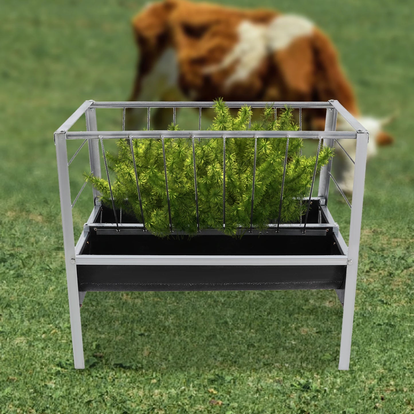 Livestock Feed Iron Trough,Silver+ Black Rectangular 2-in-1 Grain& Hay Feeder ,Floor Standing 100*65*85cm for Goats Sheep