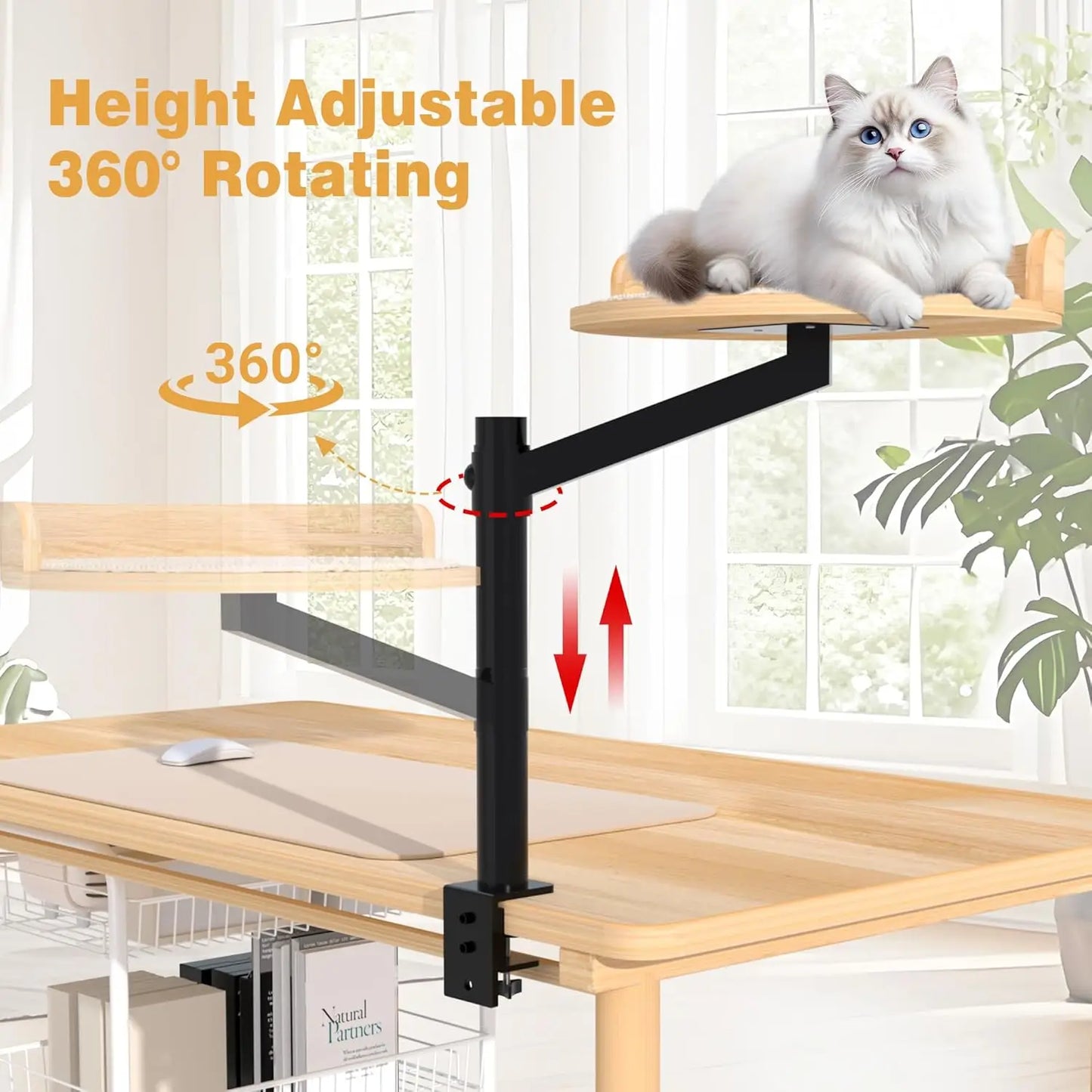Cat Desk Bed 15.75', 360° Rotating, Height Adjustable, Up to 22kg, for Office & Gaming Tables