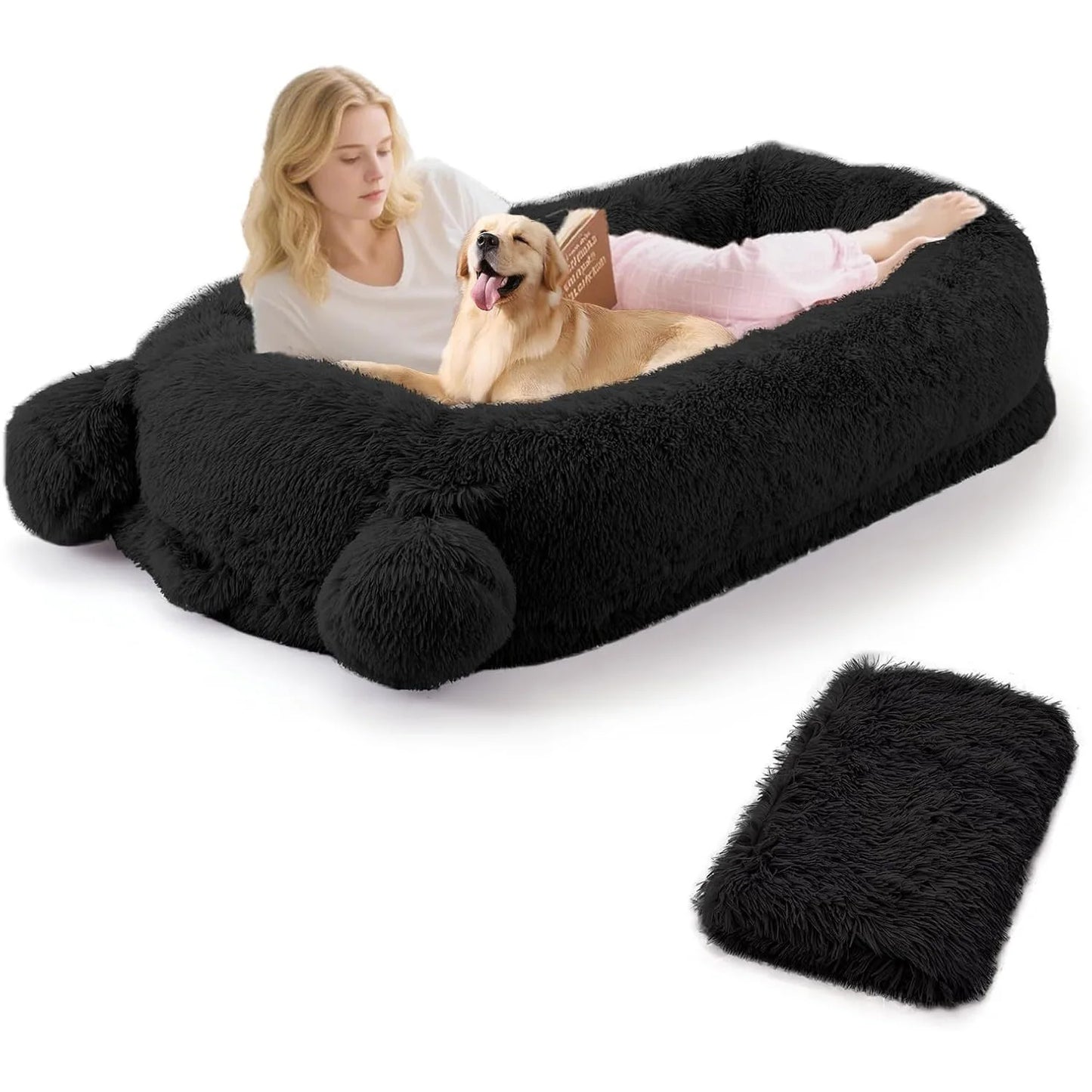 71" Large Human Size Dog Bed For Adults & Pets Removable Washable Cover Storage Pockets & Matching Blanket For Napping