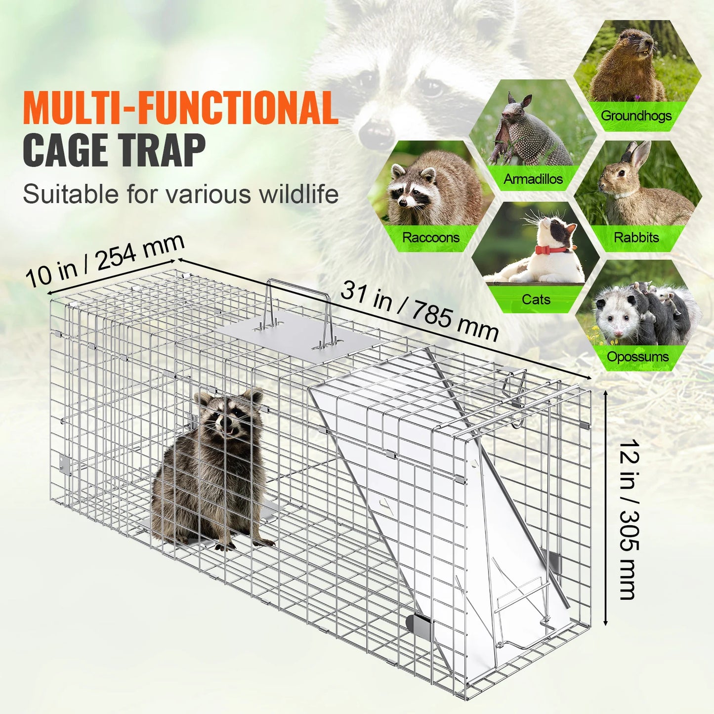 SucceBuy 24/31/42/50in Animal Cage Trap Folding Humane Cat Trap Galvanized Iron with Handle for Rabbits Squirrels Groundhogs