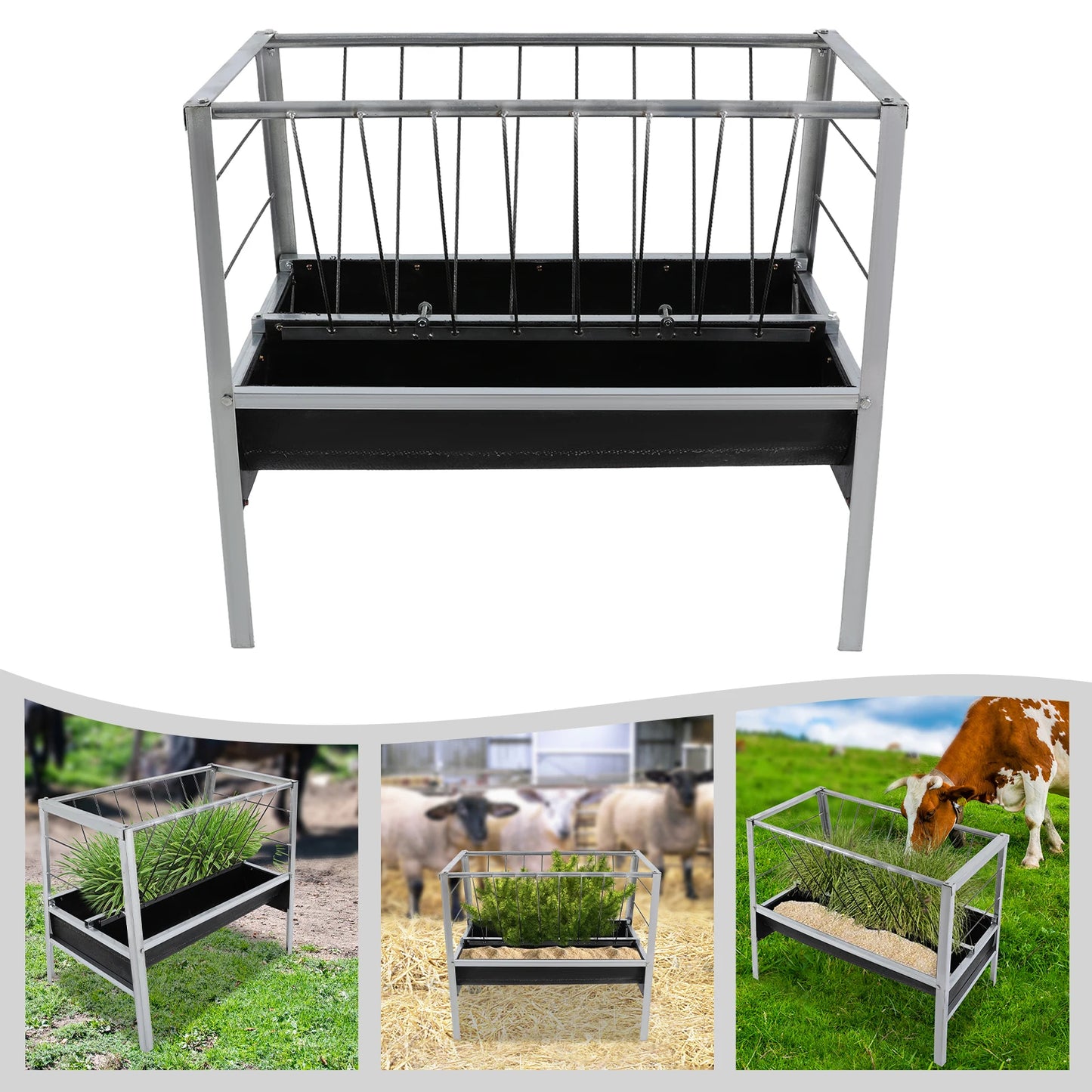 Livestock Feed Iron Trough,Silver+ Black Rectangular 2-in-1 Grain& Hay Feeder ,Floor Standing 100*65*85cm for Goats Sheep