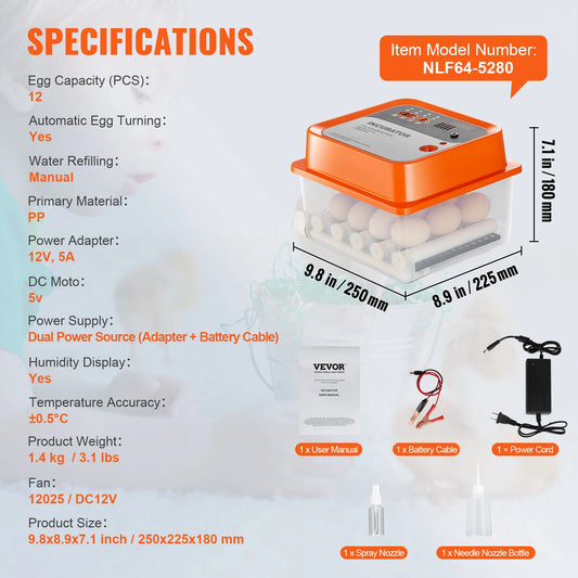 VEVOR 12/24/48 Egg Incubator Automatic Turner Poultry Hatcher with Temperature Humidity Control for Chicken Duck Hatching Eggs