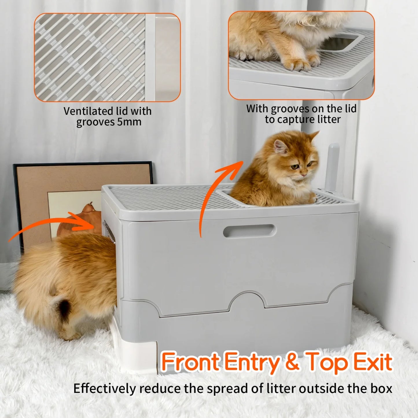 Extra Large Drawer Cat Litter Box with Scoop Anti-Leakage Front Entry Top Exit Kitty Toilet Tray Easy Clean