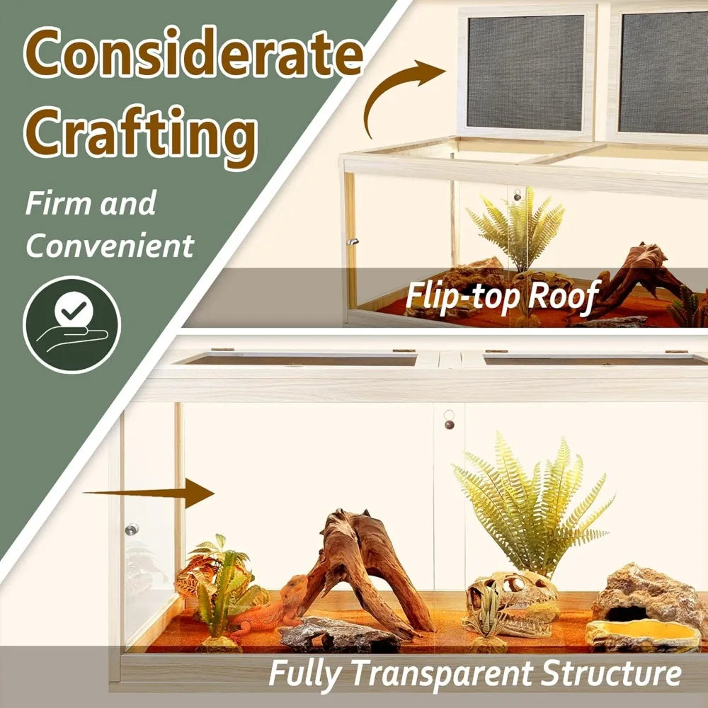 Bearded Dragon Habitat: 81 Gallon Glass Enclosure with Mesh Lid and Sliding Front Door for Reptiles