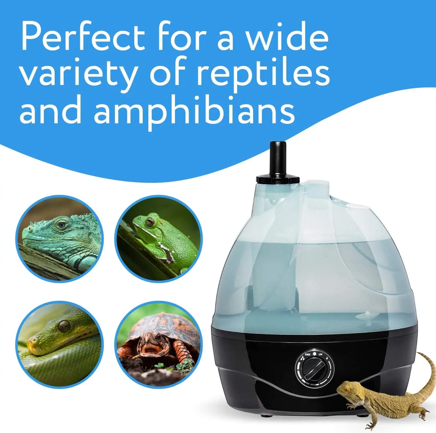 Reptile Fogger & Humidifier - 2L Auto Shut-Off, Adjustable Output, Black/Clear