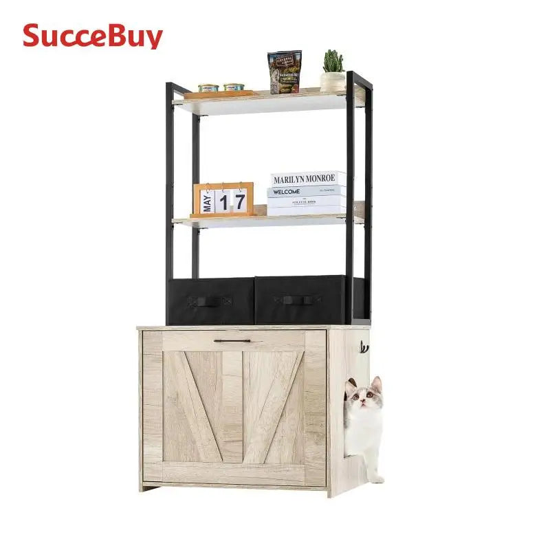 SucceBuy Cat Litter Box Enclosure Hidden Litter Box Furniture with 2 Storage Shelves& 2 Baskets Wooden Cat Washroom Indoor House