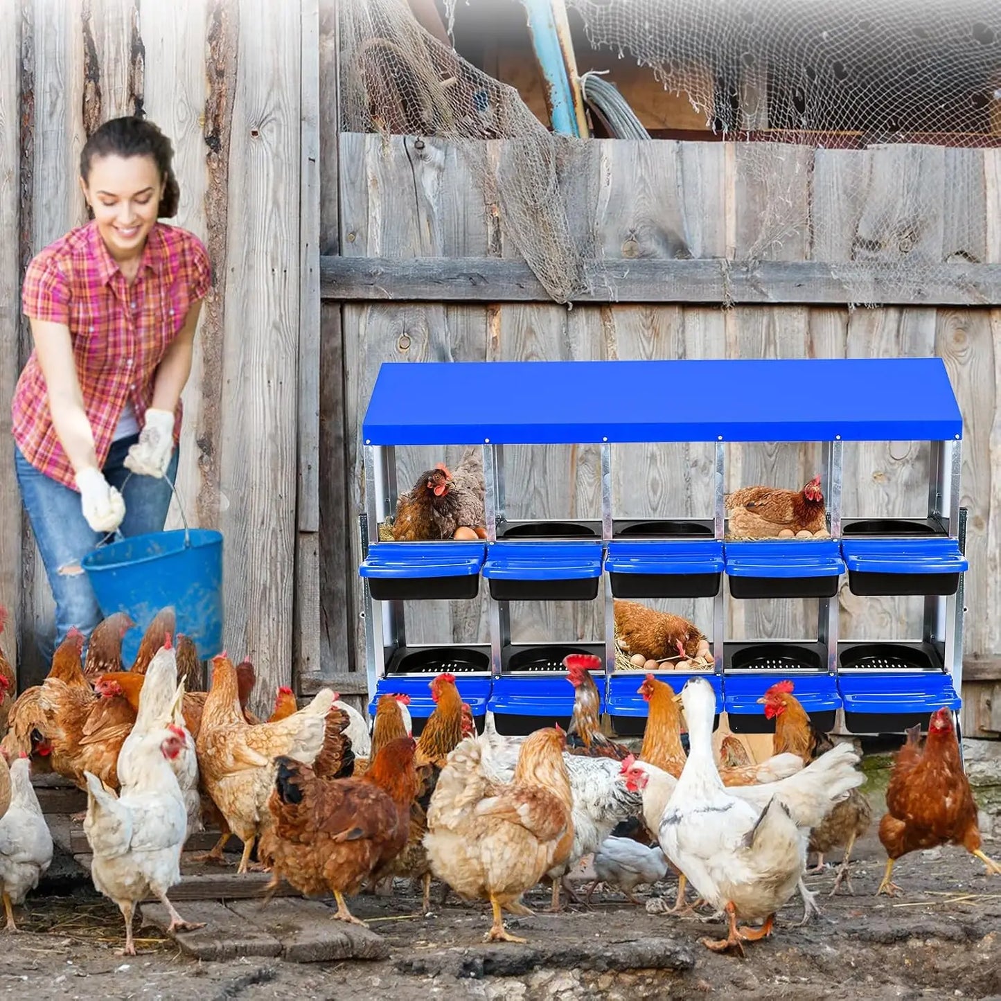 2-Tier Heavy Duty Metal Chicken Nesting Box 6/8/10 Compartment Roll Away Waterproof Roof Rust-Resistant Hen Coop Nest