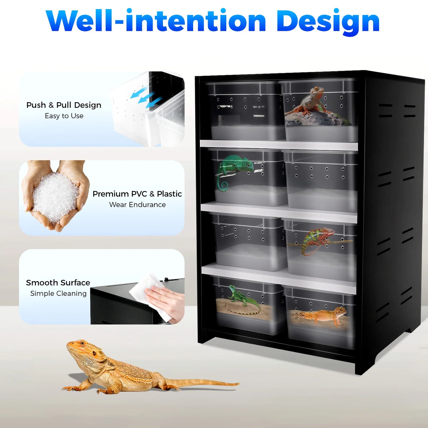 8-Tier Reptile & Amphibian Breeding Cabinet, 25W Heating Pad & Full Ventilation, Terrarium System for Spiders, Lizards, Snakes