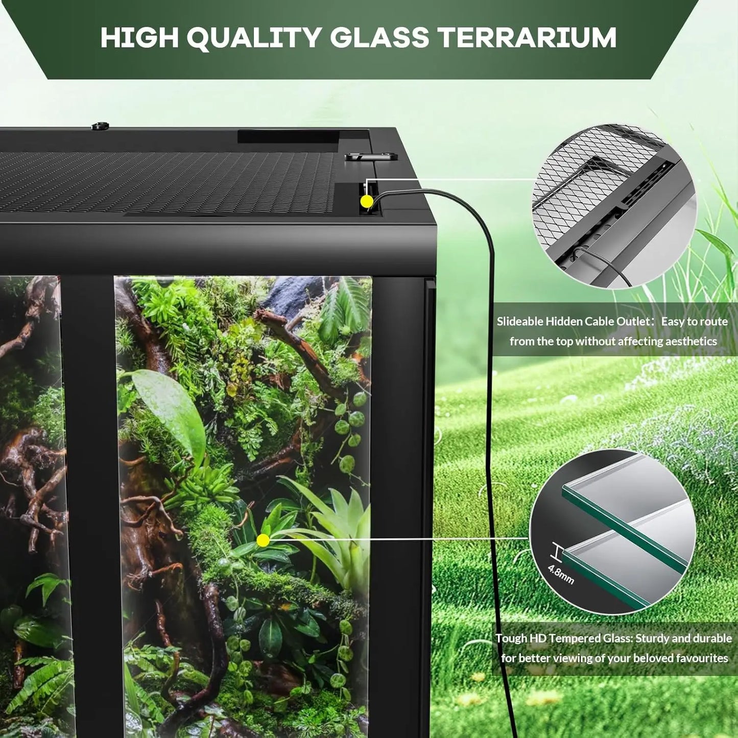 Reptile Glass Terrarium with Top & Side Screen Ventilation Reptile Terrarium, Double Hinge Door  Anti Escape Reptile Tank