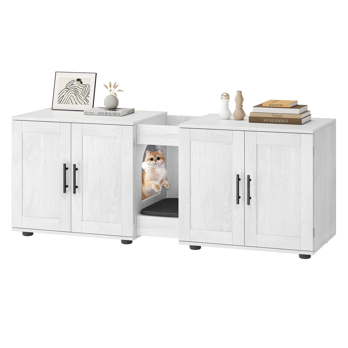 Double-Room Cat Litter Box Enclosure Furniture for 2 Cats - Wooden Design Discreet Home Decor Solution with Integrated Storage