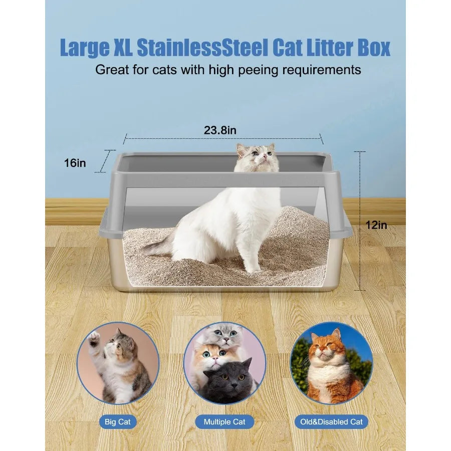 2PACK Stainless Steel Litter Box with Lid and High Sides for Large Cats XL Extra Large Size OdorProof LeakProof StainFree RustF