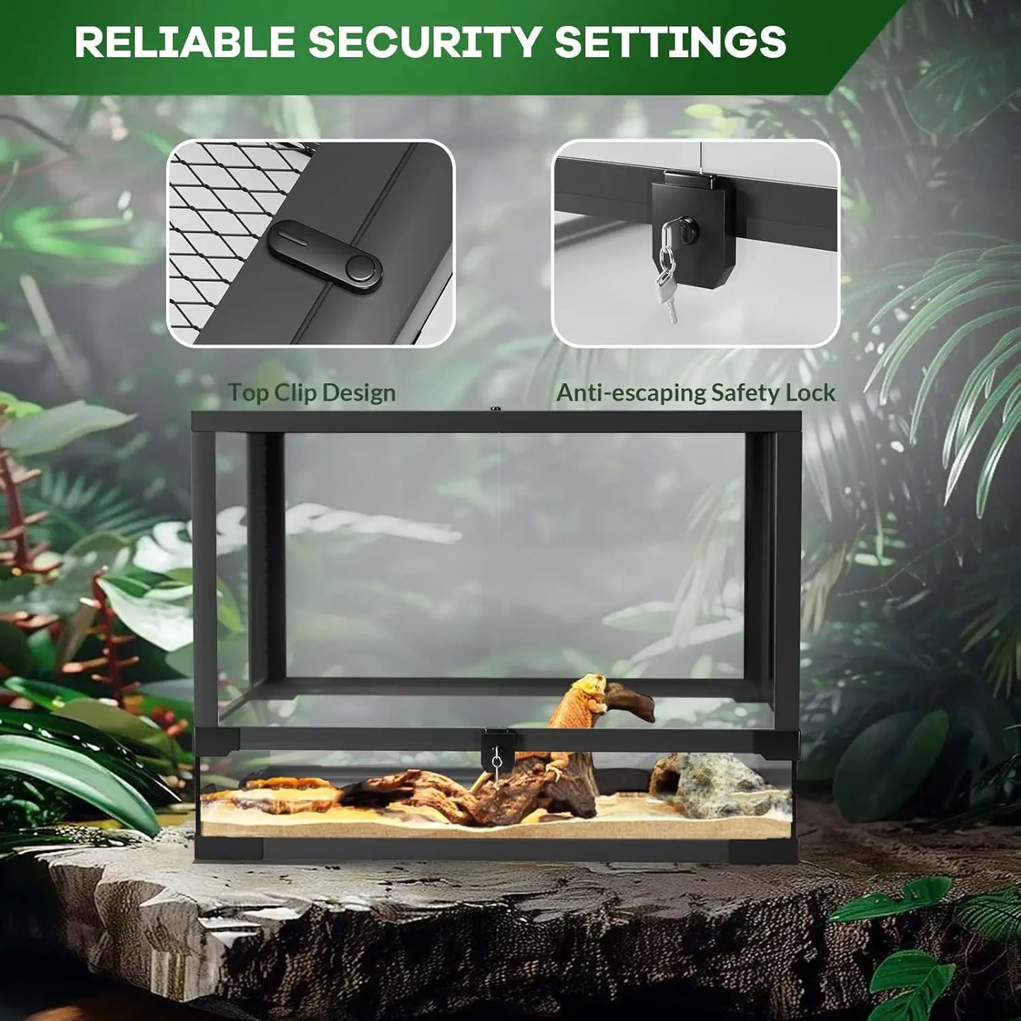 Reptile Glass Terrarium with Top & Side Screen Ventilation Reptile Terrarium, Double Hinge Door  Anti Escape Reptile Tank