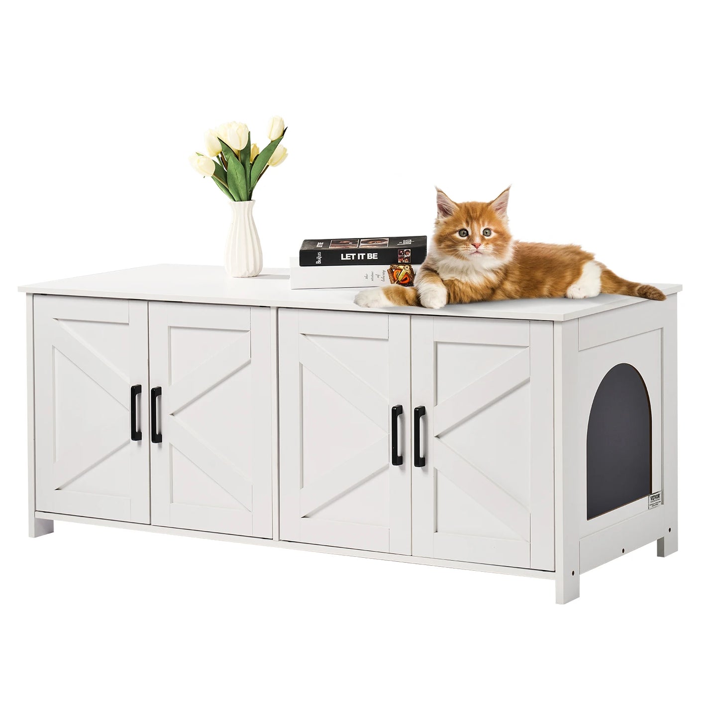 SucceBuy Cat Litter Box Enclosure for 2 Cats Litter Box Furniture Hidden Wooden Cat Box Cabinet Fit Most of Litter Box White